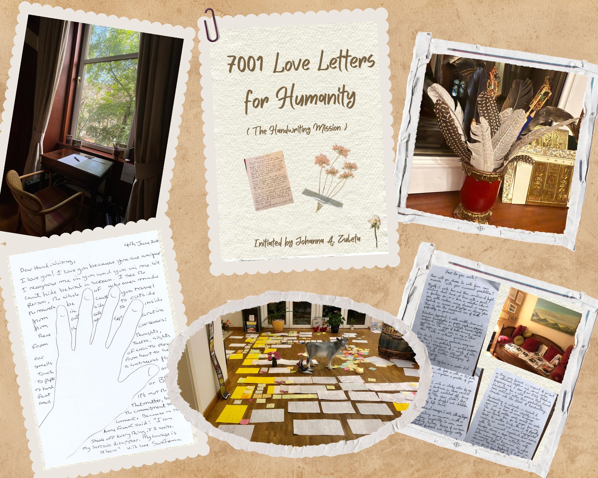 A collage of handwritten letters, a writing desk, quills and a room filled with handwritten notes.